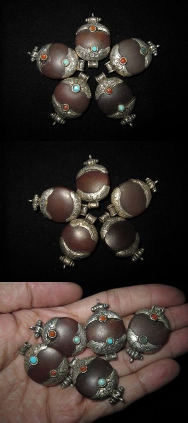 Old Nepal Silver Cap Red Carnelian Bead Pendants  