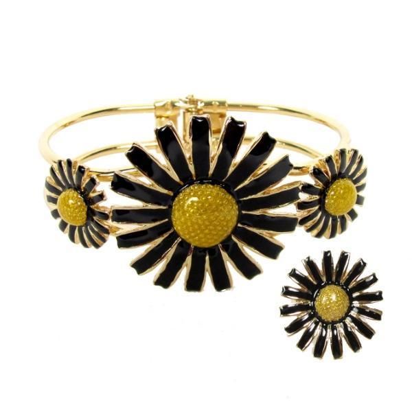 Zad 2pc Set Daisy Flower Enamel Ring & Cuff Bracelet  