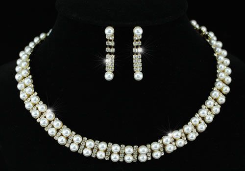 Bridal Faux Pearl Gold Plat Necklace Earrings Set S1149  