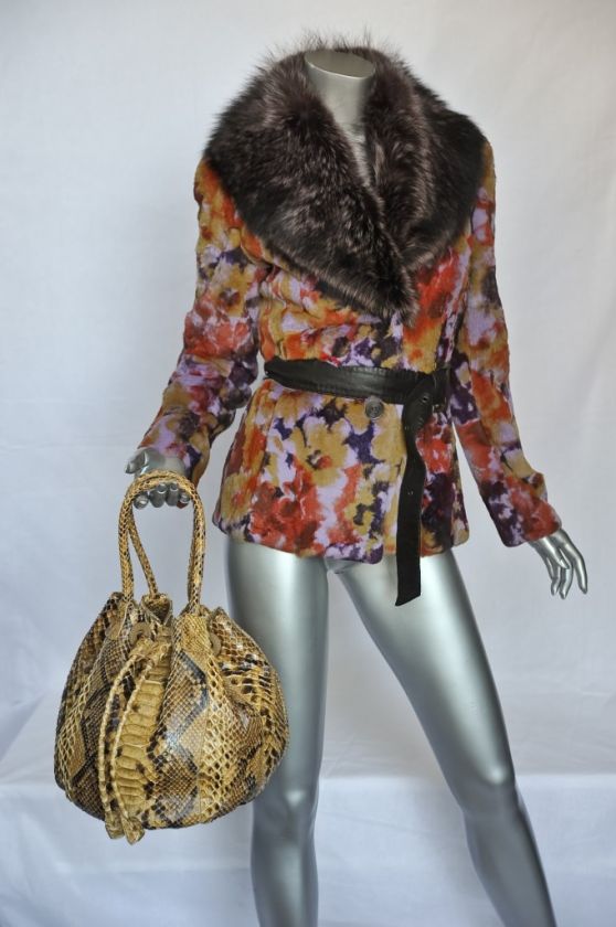 CARLOS FALCHI Mustard *SNAKESKIN* Large Exotic Drawstring Tote Bag 