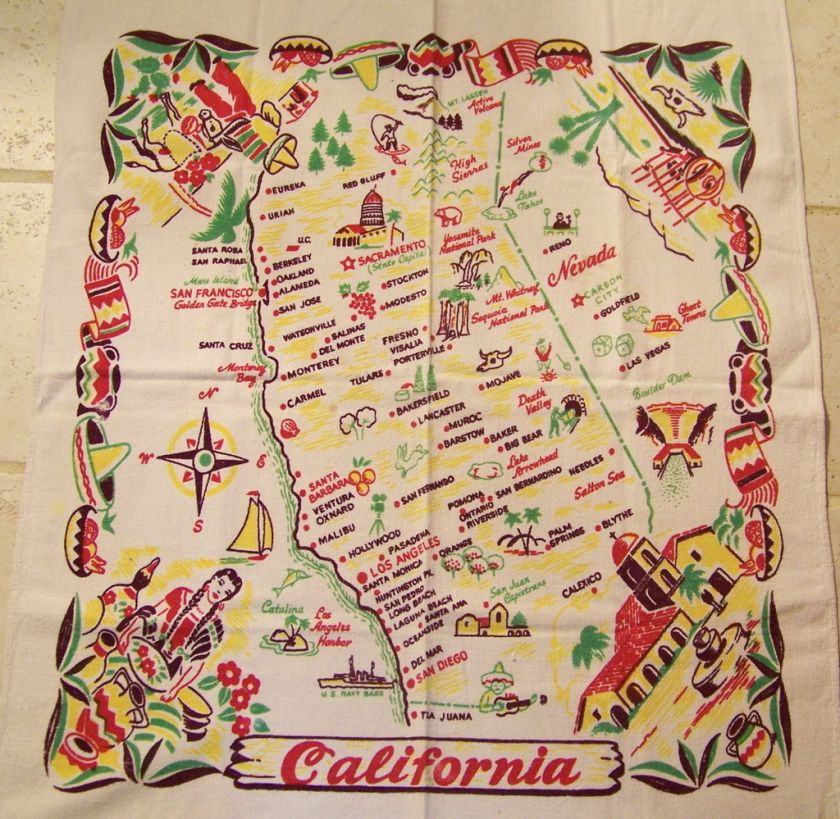   Map Souvenir Tablecloth 40s Vintage Yucca Print Cactus Cloth Nevada