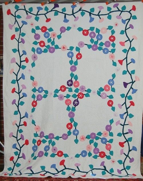 30s Morning Glory Vine Applique Antique Quilt ~COLORFUL  