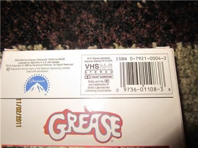 Grease 1977 VHS John Travolta Olivia Newton Sandy 50s Fifties Musical 