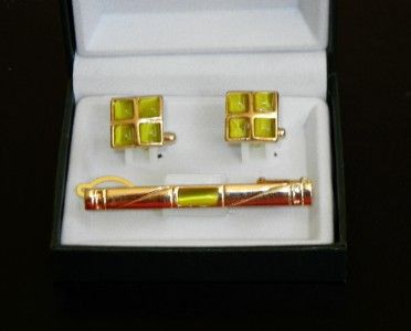 Gold Emerald Tone Cufflinks & Tie Clip Set Wedding Formail Style Free 