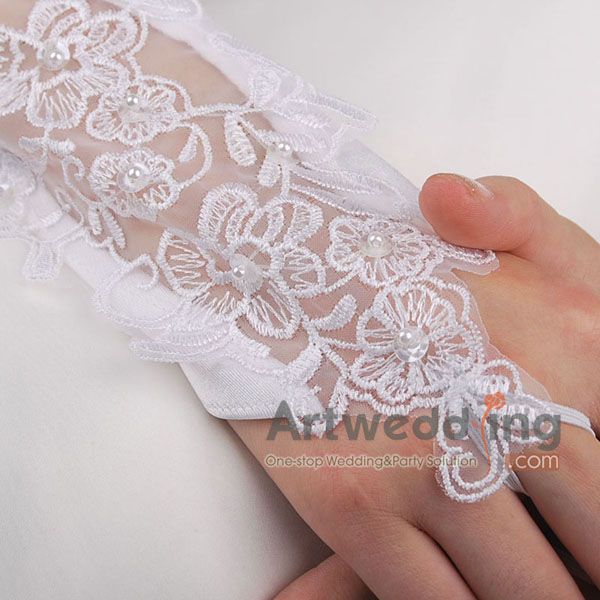 White/Ivory Satin Lace Pearl Fingerless Wedding Party Bridal Opera 