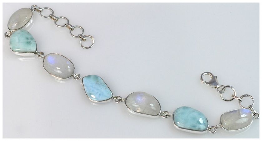 Larimar & Rainbow Moonstone Sterling Silver Bracelet, Length  7   8.1 