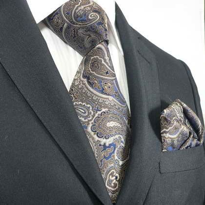 Landisun 27K Blue Brown Paisleys Mens Silk Tie Set Tie+Hanky &Plastic 