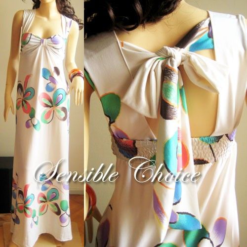 Boho flower print empire maxi bow sun dress S M L XL 2X  