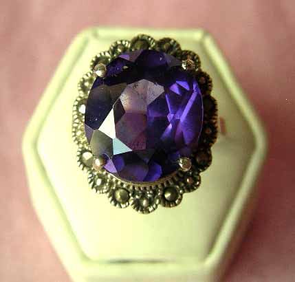 HUGE Sterling AMETHYST Marcasite Cocktail Ring Sz 9  