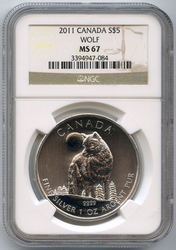 2011 $5 Canada 1oz .9999 Fine Silver Wolf MS 67 NGC  