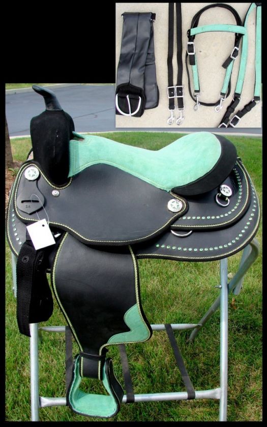 14 GREEN BLING BLACK WESTERN PONY TRAIL HORSE SADDLE  