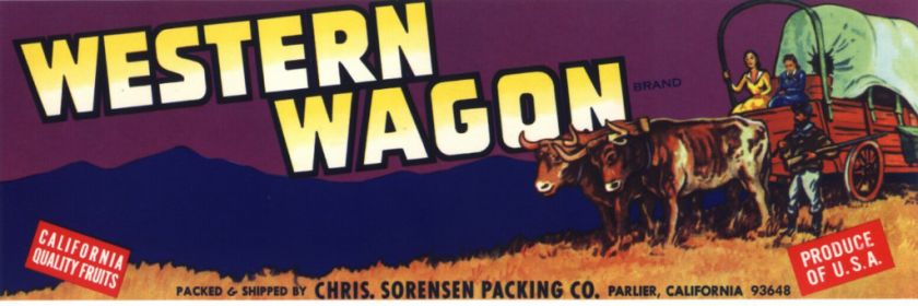 CRATE LABEL VINTAGE WESTERN WAGON COWBOY PIONEER 60S  