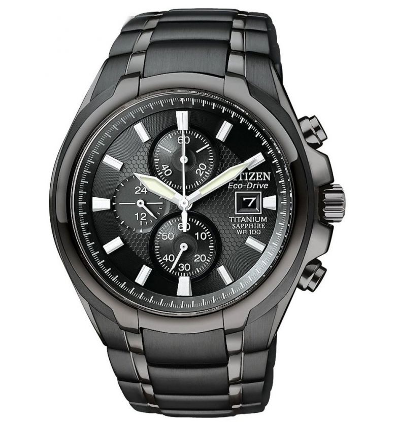   Mens Eco Drive Black IP Titanium Black Dial Chronograph Watc  