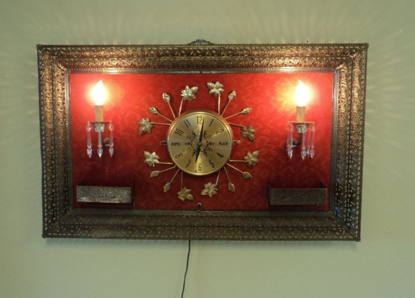 VTG WALL CLOCK SHELF SHELVES LAMPS LIGHT FIXTURE ORNATE FRAME RED FELT 