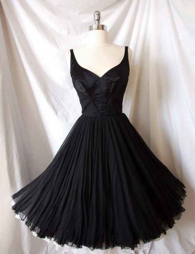 Rare Vintage 50s James GALANOS Couture Black SILK Chiffon DRESS 