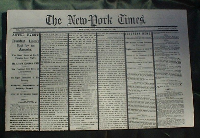 New York Times Newspaper Lincolns Assassination 1865  