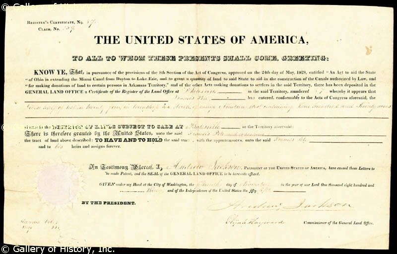 ANDREW JACKSON   LAND GRANT SIGNED  