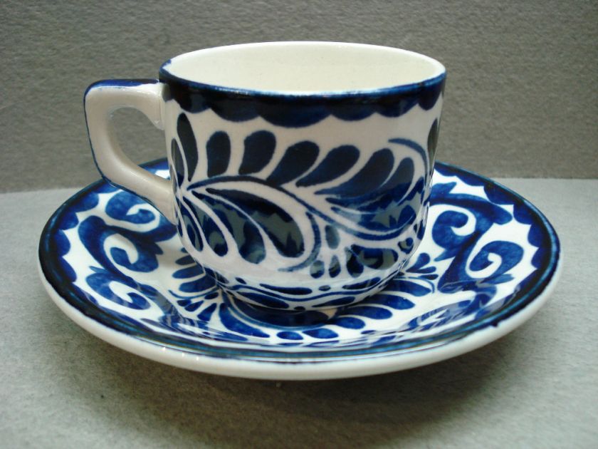 Older MEXICAN ANFORA PUEBLA BLUE DEMITASSE CUP & SAUCER MEXICO  