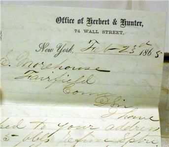 RARE 1866 FAIRFIELD CONN MOREHOUSE FAMILY 25 LETTERS WALL STREET CIVIL 