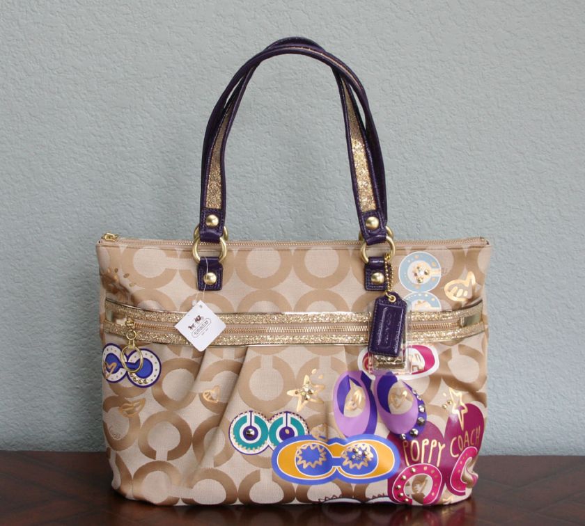 NEW COACH POPPY POP C APPLIQUE GLAM TOTE, BRASS/LIGHT KHAKI MULTI 