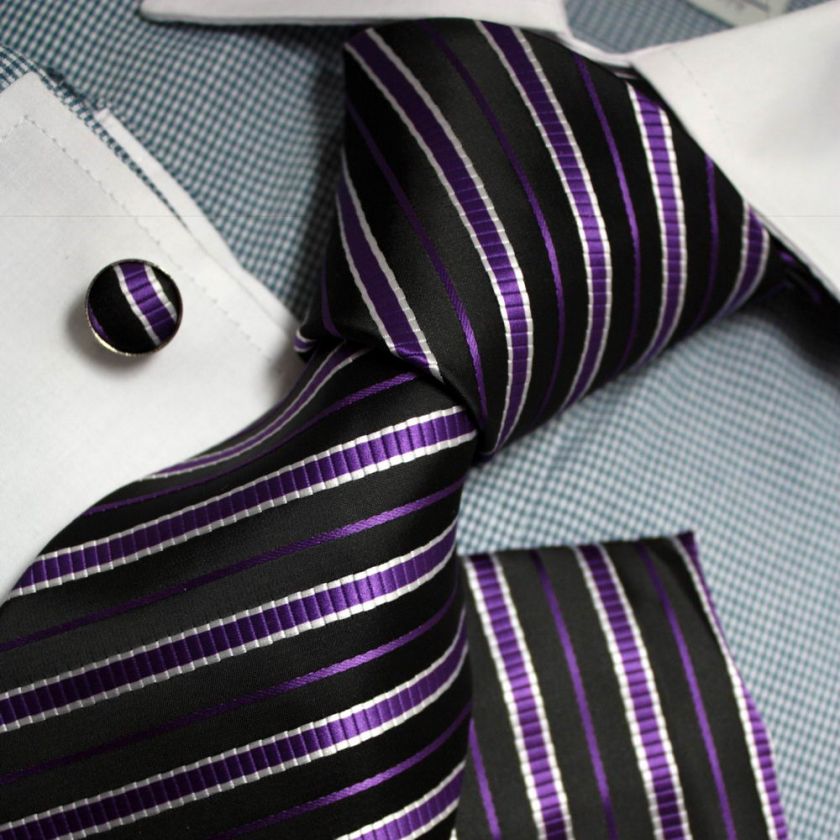 PH1091 purple striped silk neck tie cuff hanky Pointe  