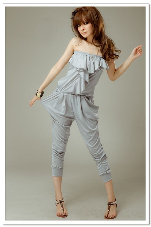 Korean Fashion Grey Tube Top Harem Pants Jumpsuit Rompe  