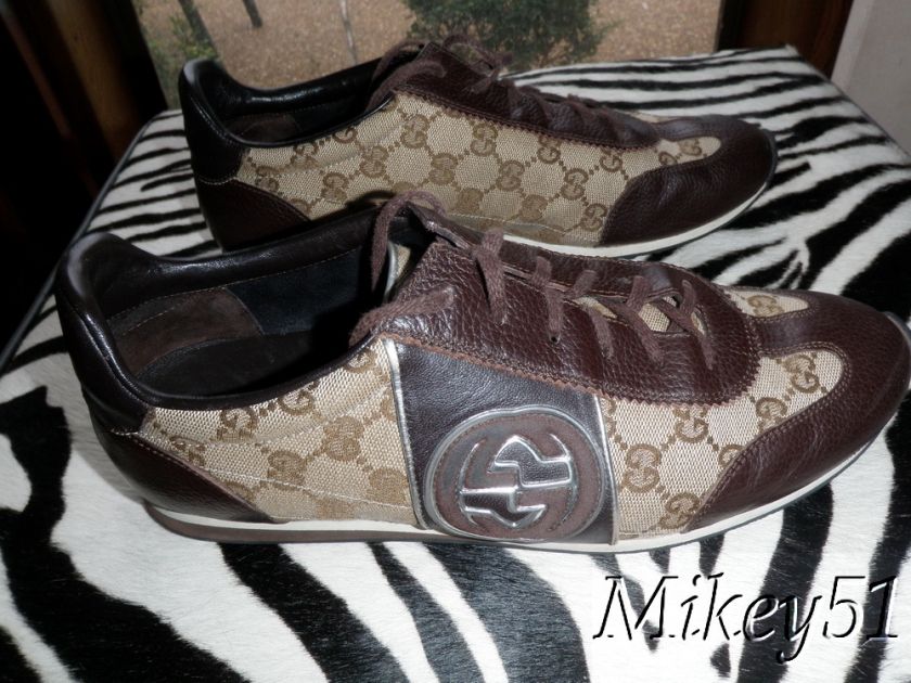 MENS GUCCI BROWN LOGO SPORT SHOES   SIZE 9.5 RETAIL $525  