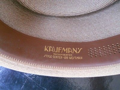 ANTIQUE KAUFMANS BROWN MILAN STRAW FEDORA HAT W/BAND  