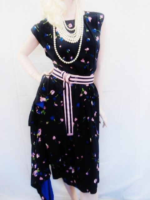 Navy Rose bud Silk 50s LG Wiggle Dress with Ruffle Collar Jacket 