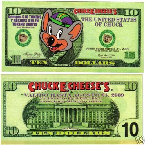 Billete $10 Token CHUCK E CHEESEs PUERTO RICO Ago09 T3  