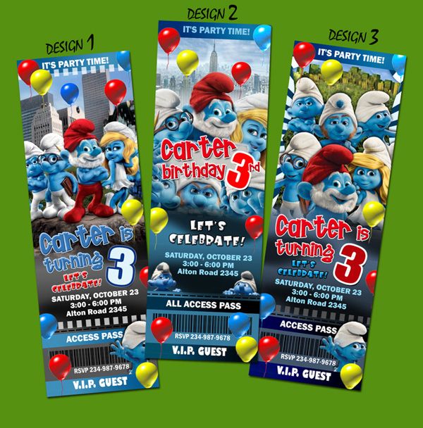 THE SMURFS MOVIE BIRTHDAY PARTY INVITATION TICKET 1ST  c3 customizable 