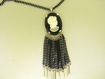   OF PEARL CAMEO ENAMEL DEMI SET BLACK SILVER VINTAGE NECKLACE EARRINGS