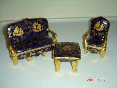 VINTAGE LIMOGES FRANCE PORCELAIN COBALT BLUE SOFA SET 3  