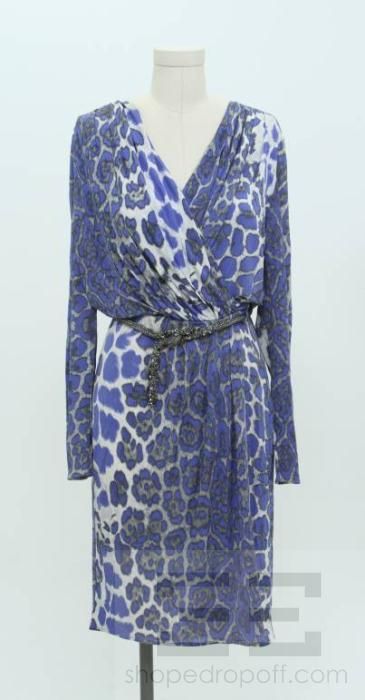 Blumarine Blue & Grey Leopard Print Silver Beaded Belt Wrap Dress 