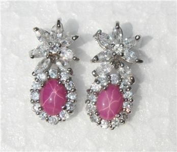   White Gold 18k 14k gf 6 Rays Pink Star Sapphire Dangle Earrings  