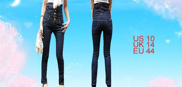 Women Lace up Back Waist Dark Blue Skinny Denim Jeans L  