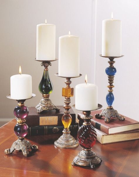 Set of 5 Jewel Tone & Cast Iron Pillar Candle Holders  