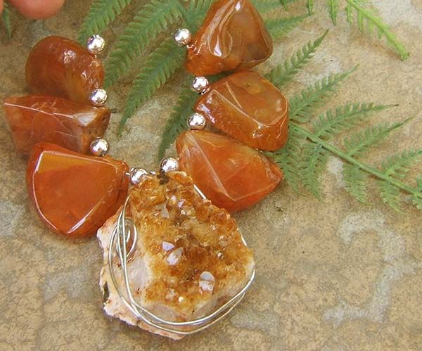   AUTHENTIC UNIQUE RAW CITRINE DRUZY PENDANT NECKLACE WITH AGATE