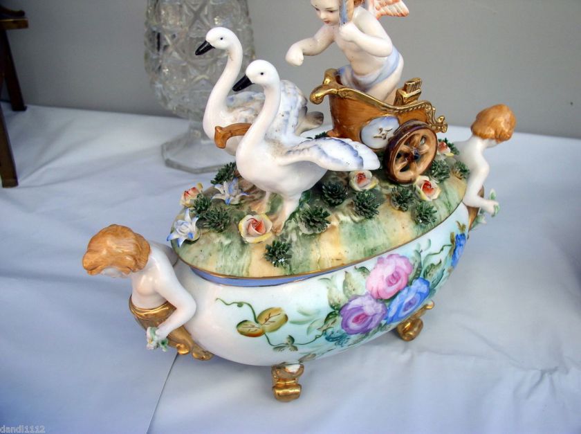 Rare German style Dresden Porcelain Angel On A Chariot w/CHERUBS and 