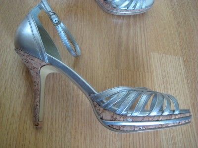 BCBG Silver Leather Cork Platform Heels Shoes 8  