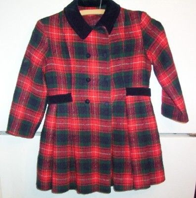 VTG ROTHSCHILD GIRLS PLAID HOLIDAY COAT W VELTET TRIM  