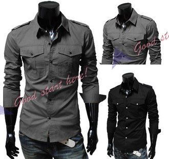 Mens Shirt Fashion Designer Military Slim Dress Shirts Western Style 