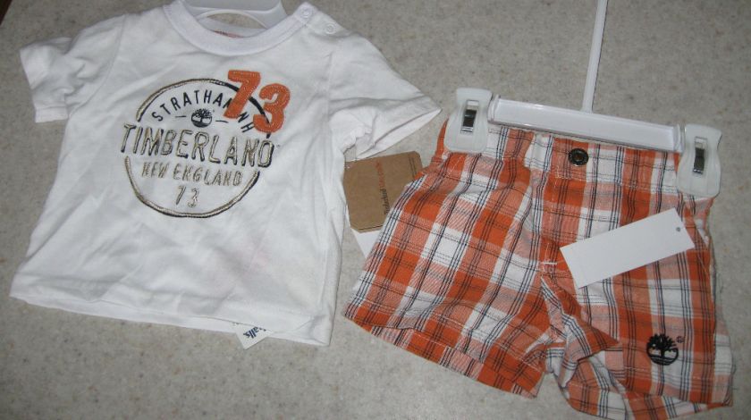 Timberland Boys Plaid Short Set Orange/White 3 6M NEW  
