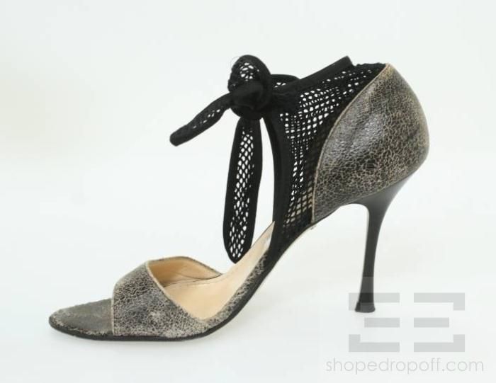 John Galliano Black & Tan Crackled Leather & Black Mesh Ankle Tie 