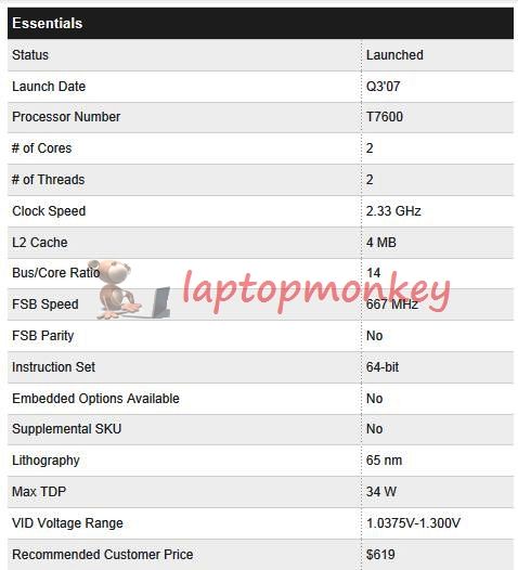 T7600 SL9SD INTEL CORE 2 DUO 2.33Ghz CPU  T7400 0735858190077  