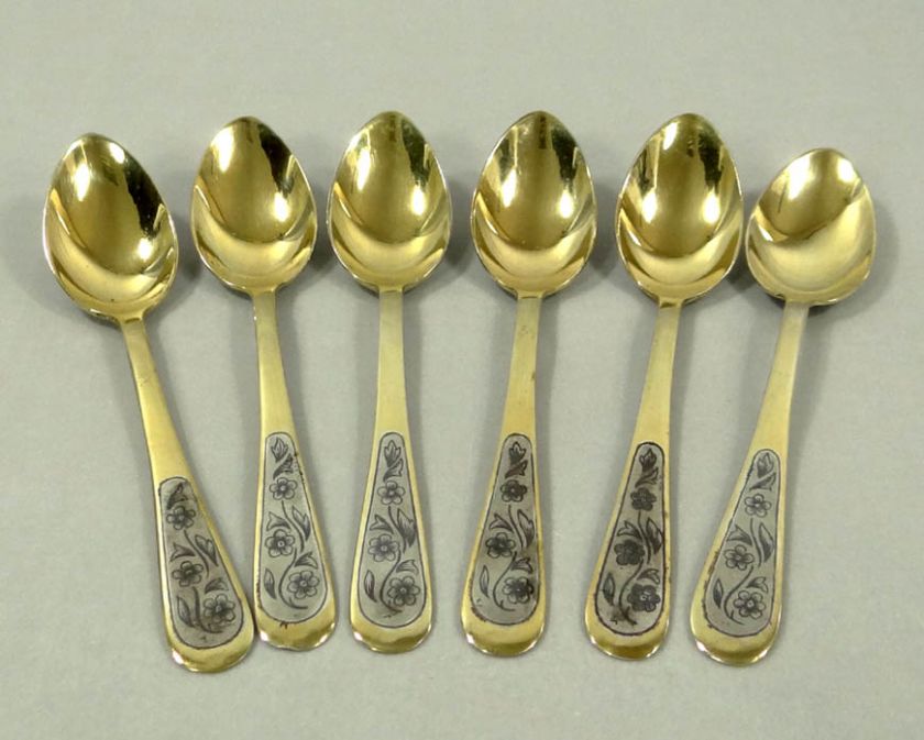   STERLING SILVER&NIELLO FLOWERS COFFEE TEA DESSERT SPOON SET&BOX  