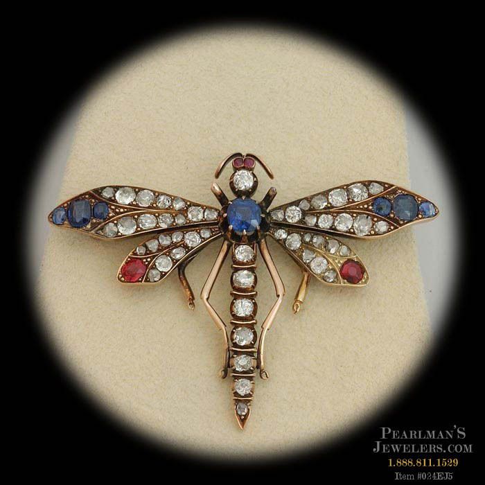 ANTIQUE DRAGON FLY 4.5CT DIAMONDS, RUBY, SAPPHIRE PIN  