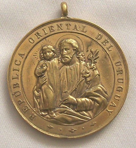 ST JOSEPH & JESUS CHILD BRONZE MEDALLION DATED 1885  