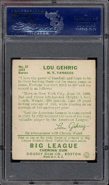 1934 Goudey 37 Lou Gehrig YANKEES PSA 4 VG/EX  