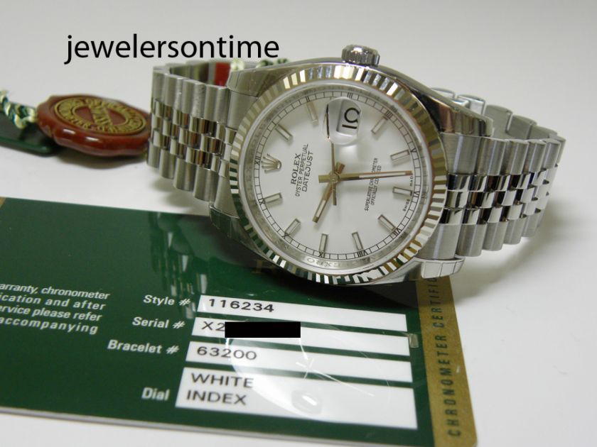 Rolex mens SS/WG Datejust 116234 2011 White Stick Dial. 7.5K MSRP 